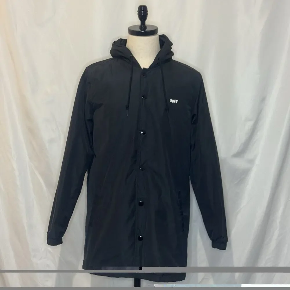 Obey Clothing Singford Stadium Jacket Mens Small Black Long Parka Hooded Quilted